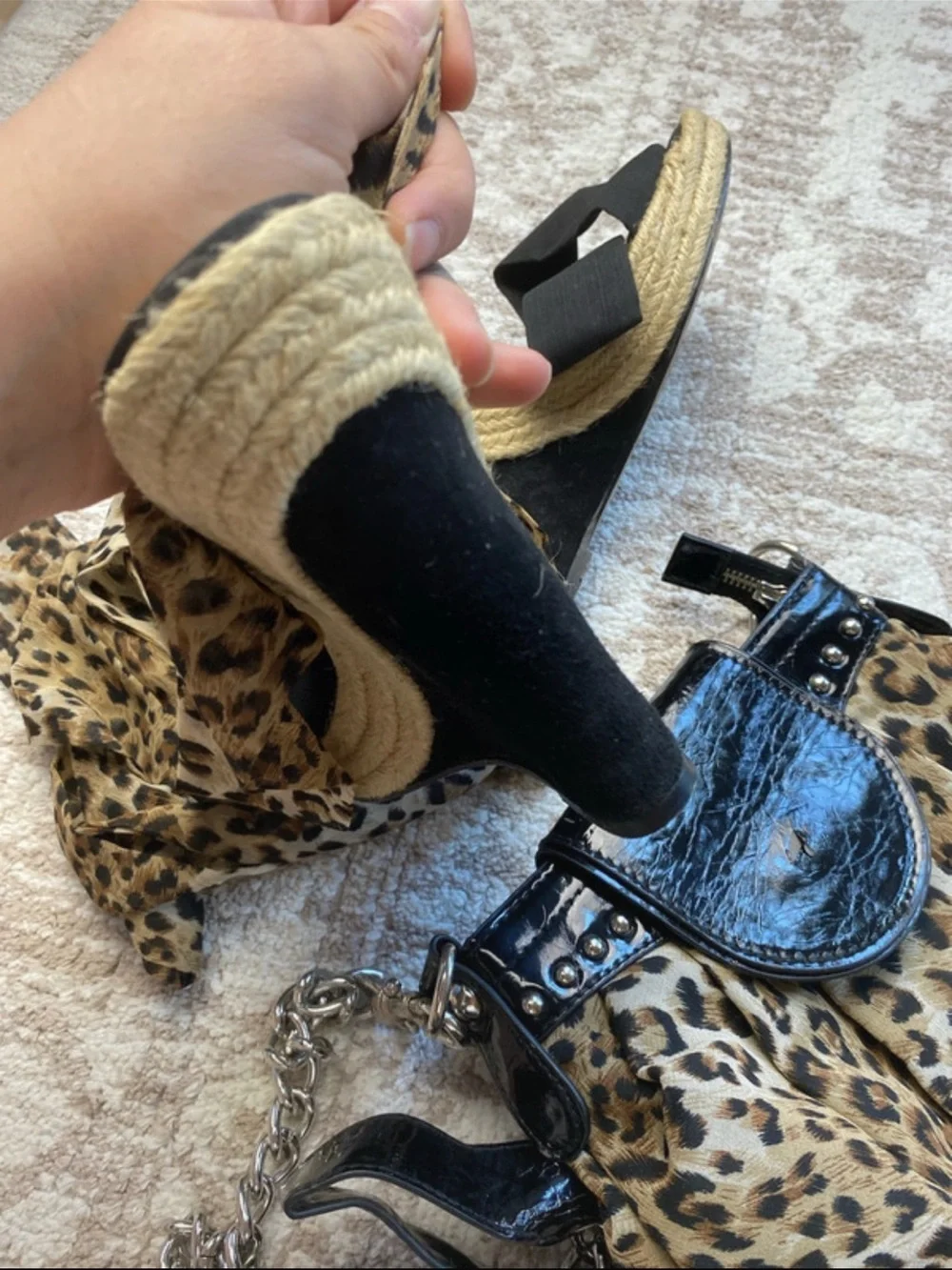 Y2K Black Espadrille Wedge Sandals with Leopard Tie-Ankle Straps & match purse